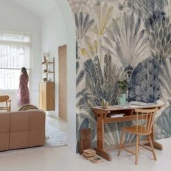 Digitaldruck Fächer Blattmuster Blau Beige Grau ML2901