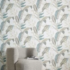 Vliestapete Elle Blattmuster Weiß Grün Beige 10332-07 -Home Wallpaper Store Vliestapete Elle Blaetter Weiss Gruen Beige 10332 07 63216402 4